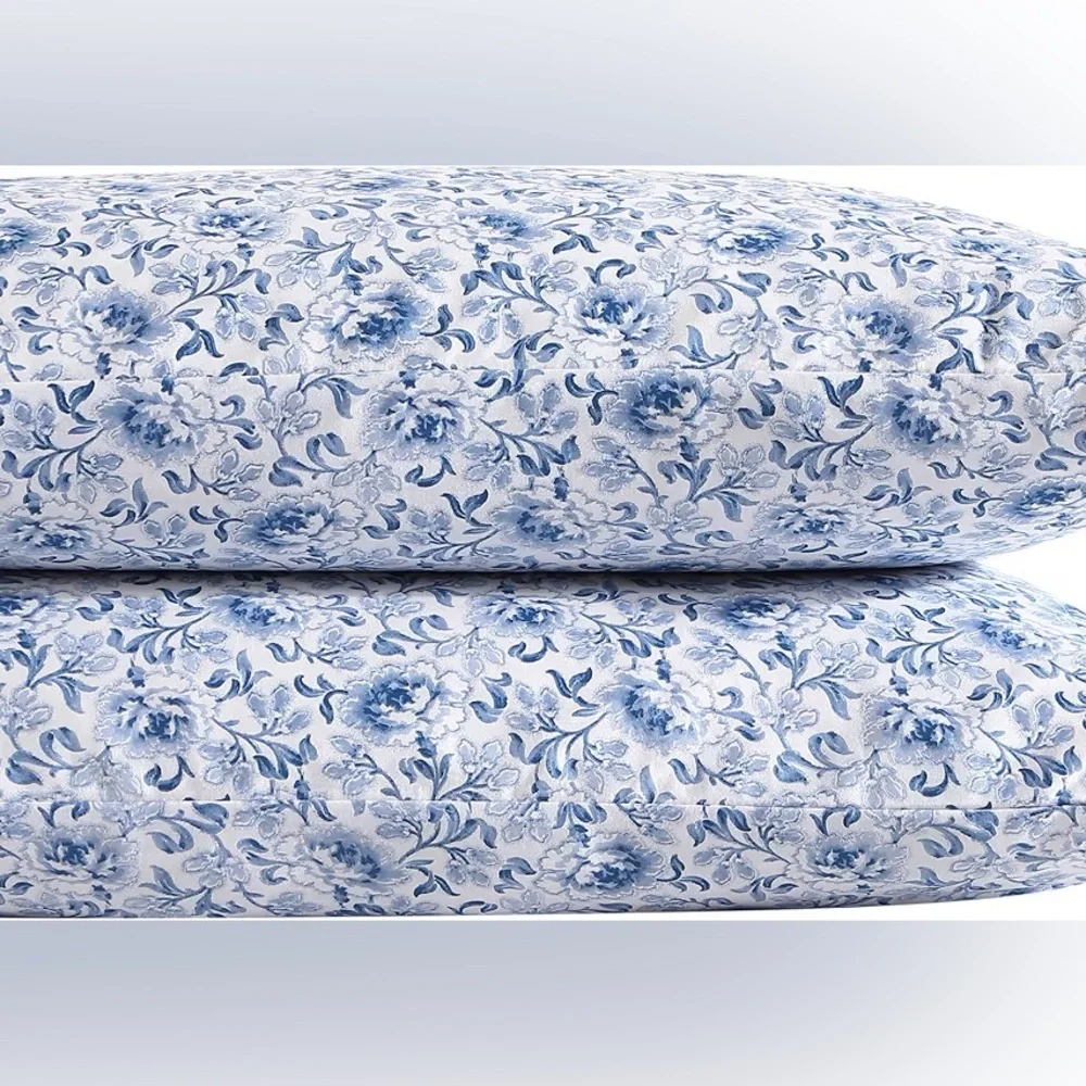 Laura Ashley Lorelei Blue Cotton Sateen Pillowcases Set 2 Standard Floral NIB